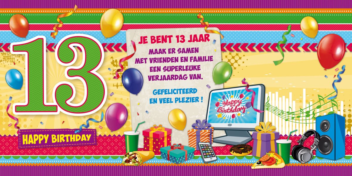Wenskaart | 6 stuks | Leeftijdskaart drieklap 13 jaar