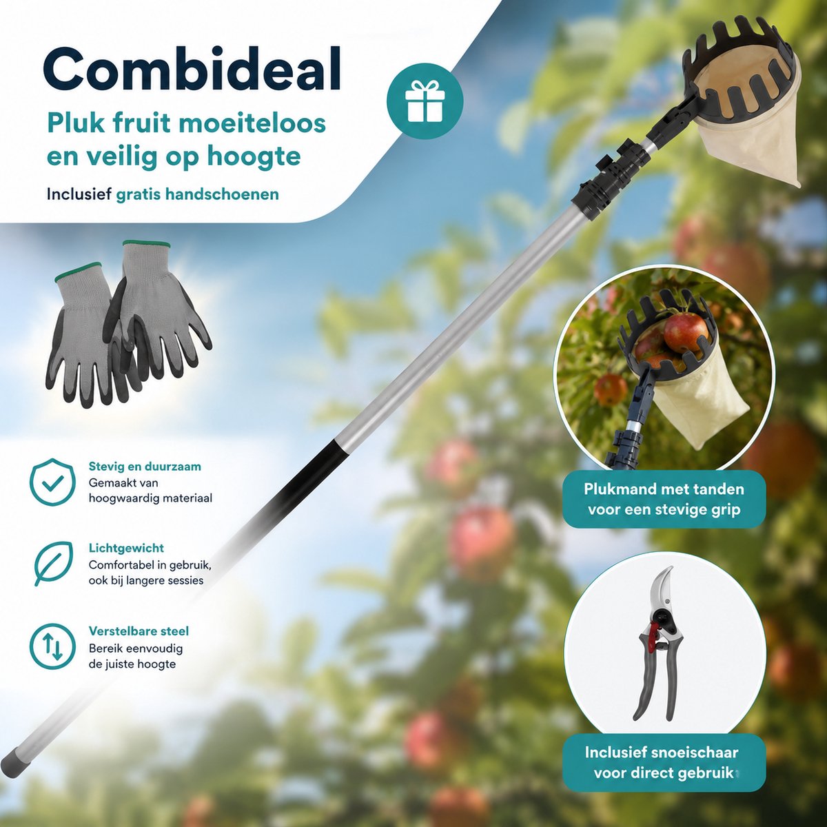 Tuilana® - Fruitplukker - Aluminium - Met PREMIUM snoeischaar - Nu met GRATIS tuinhandschoenen
