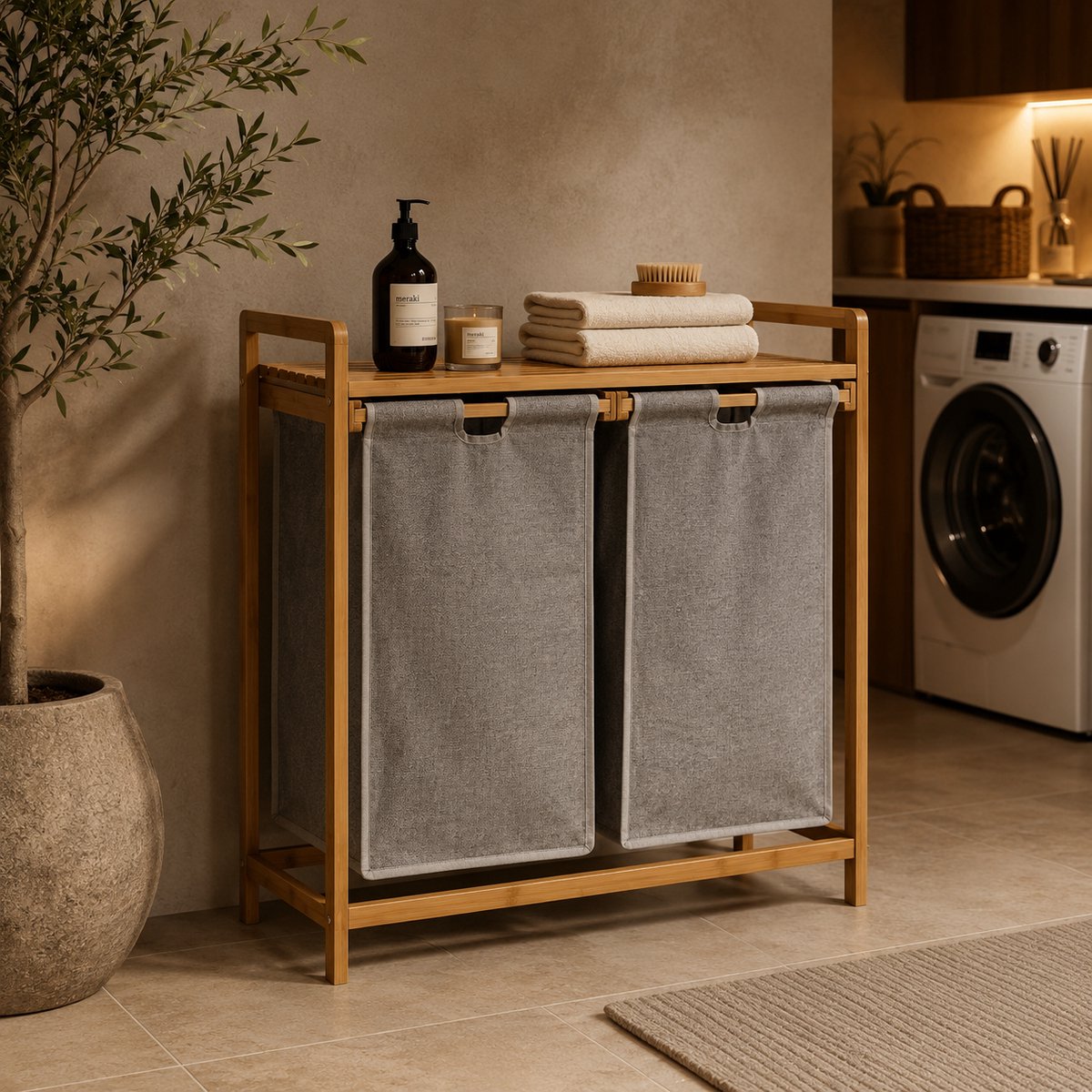 Luxe Wasmand Tao – Bamboe met 2 Waszakken – 64 x 33 x 73 cm – Dubbele Wasmand met Legplank