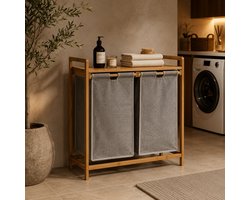 Luxe Wasmand Tao – Bamboe met 2 Waszakken – 64 x 33 x 73 cm – Dubbele Wasmand met Legplank