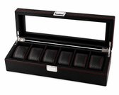 Axbo Luxe Horloge Doos – Opbergdoos – 6 Vakken – Sieradendoos – Carbon Fiber look – Verwijderbaar Kussens – Watch Box – Leder – Leer – Zwart - Rood