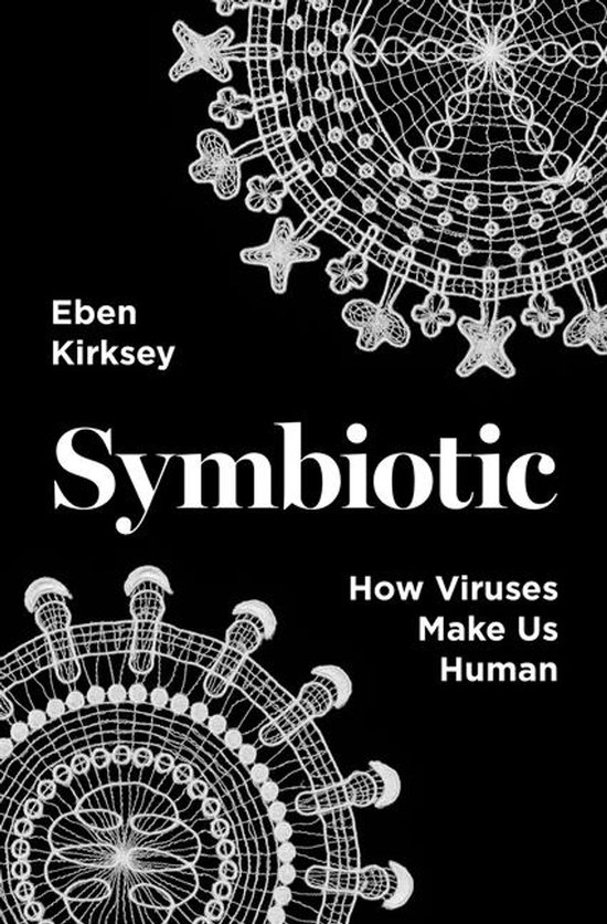 Zwarte boekomslag met witte titel Symbiotic en illustraties van virussen in kantstijl.