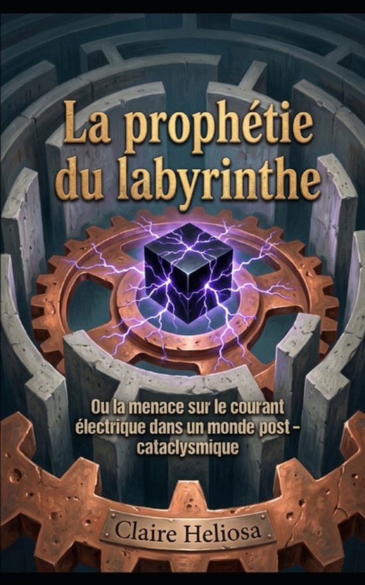 Couverture de livre "La prophétie du labyrinthe". Au centre, un cube noir avec des éclairs violets, entouré d'engrenages et d'un labyrinthe.