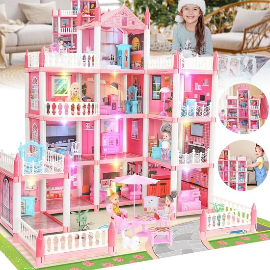 Een roze poppenhuis met vier verdiepingen, meubels en poppen. Een lachend meisje zit ervoor. Twee inzetstukken tonen het poppenhuis.