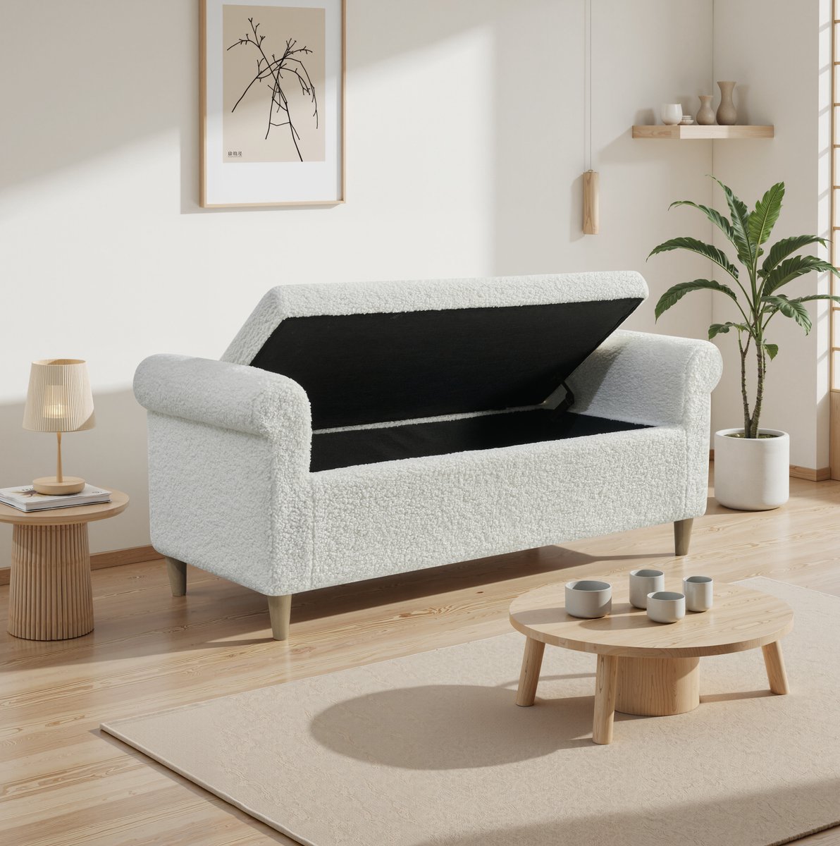 Opbergpoef Voetenbankje – Opklapbaar – 127 x 51 x 52 cm – Stof en Hout – Wit – Voor Woonkamer en Slaapkamer