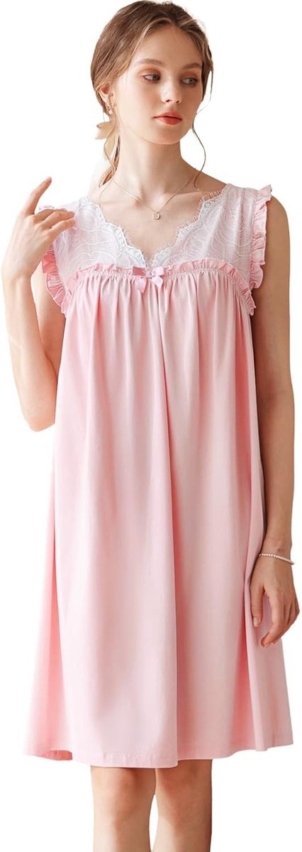 Zomerse Katoenen Nachtjapon voor Dames - Mouwloos Slaapkleed met V-hals en Kant - Comfortabele Loungewear voor Thuis en Slapen