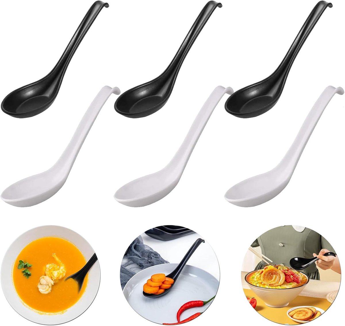 SnelShoppen - 6 Stuks Melamine Aziatische Soepenlepels - 16,5cm, Zwart/Wit, Lange Handgreep met Haak, Japanse Stijl, Vaatwasserbestendig, Keukenaccess