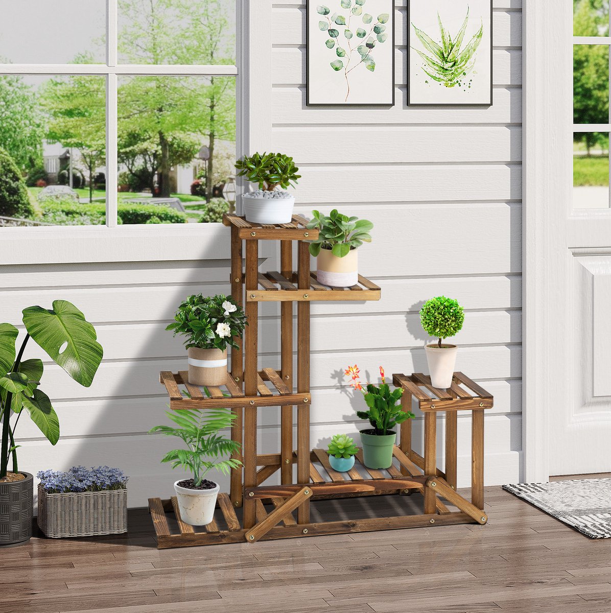 COVREO Plantenrek 95x28x96,5 cm bruin, hout 6 niveaus voor binnen en buiten