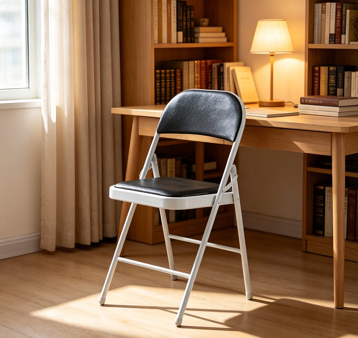 Klapstoel met zacht PU-zitkussen47x45x79 cm Ergonomische vouwstoel met stalen frame 150 kg draagvermogen voor thuis kantoor & evenementen (Zwart)