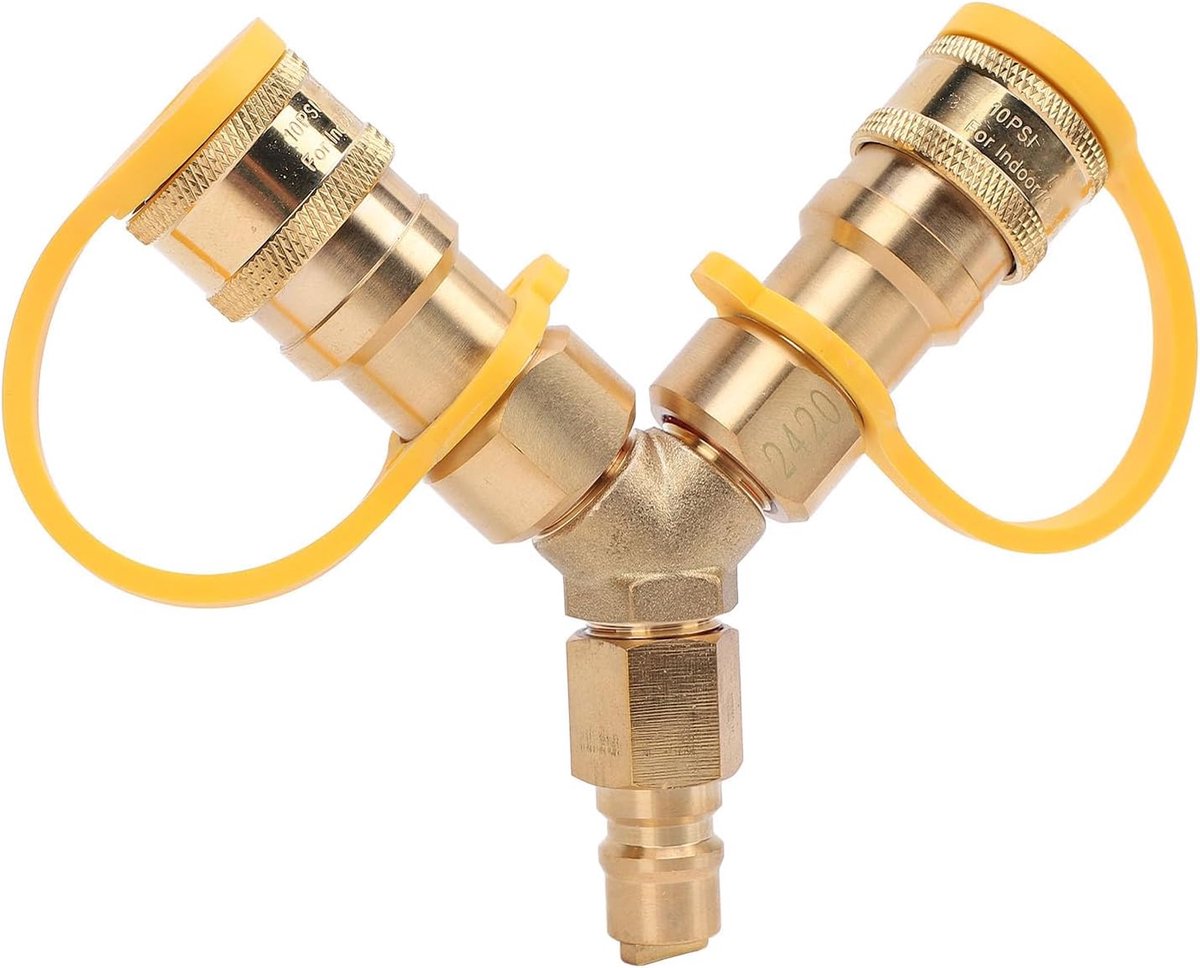 SnelShoppen - 3/8 Inch Gas Slang Splitter, Messing Snelkoppeling voor Grill en Fornuis, Ideaal voor Buiten Gebruik, Dubbele Gas Aansluiting voor Natuu