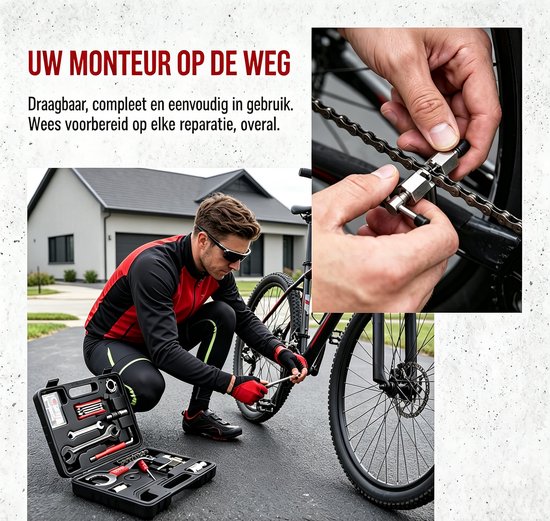 Een man in sportkleding repareert een fietsketting met een gereedschap uit de open zwarte gereedschapskist. Close-up van de kettingreparatie. Tekst: UW MONTEUR OP DE WEG.