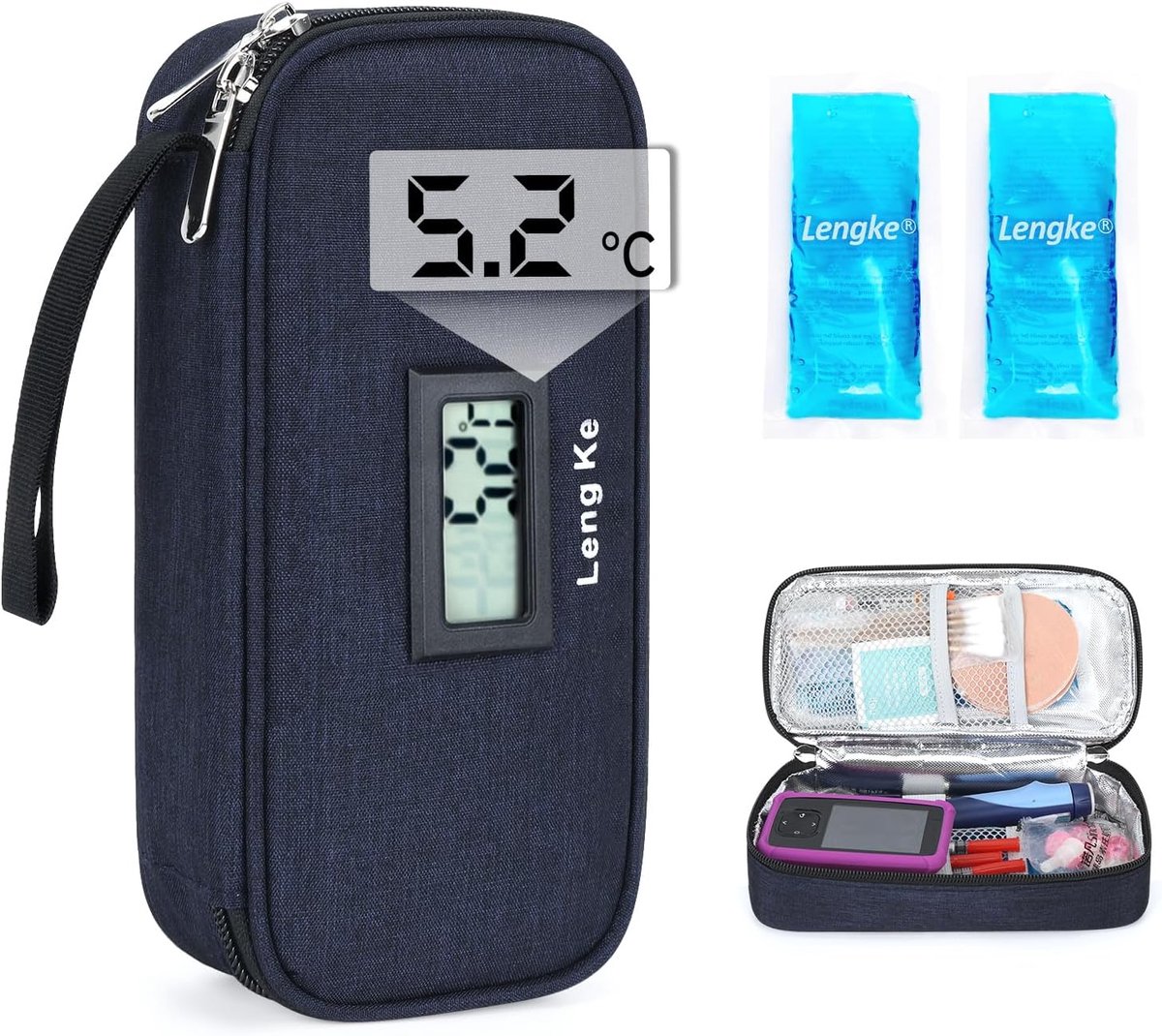 SnelShoppen - Insuline Koeltas met Temperatuurweergave - Reistas voor Diabetici met 2x 90g Koelpacks, TSA Goedkeuring, Oxford Stof, Blauw