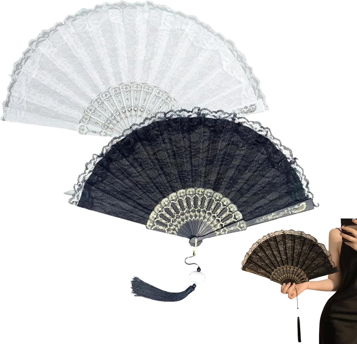 SnelShoppen - 2 Stuks Vintage Lacy Handfans - Elegante Vouwfans van Kant voor Bruiloft, Feest, Dans en Prom, Retro Handventilator voor Vrouwen