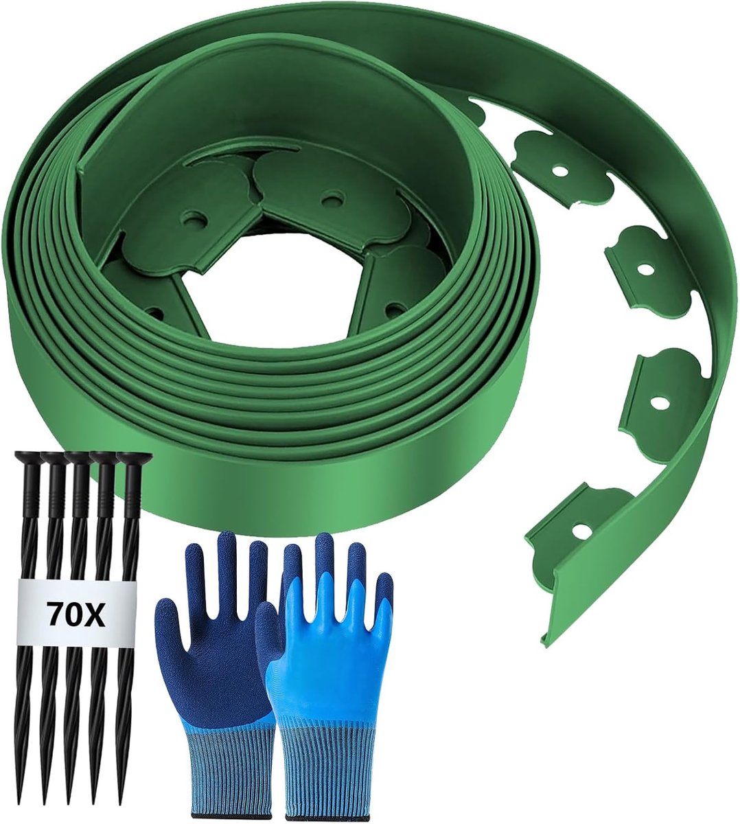SnelShoppen - Flexibele plastic tuinrand 15 m lang, 5 cm hoog, met 70 grondankers + 1 paar handschoenen, groen voor tuin, bedranden en borders