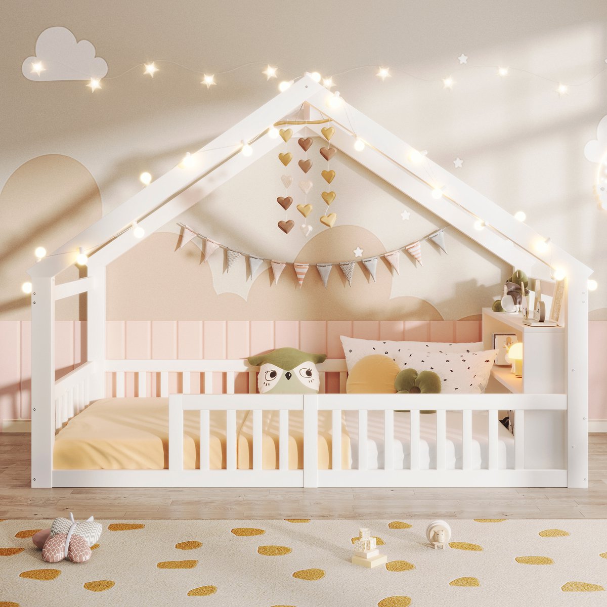 Plat bed 90 x 190 cm - kinderbed met reling - huisvormig frame - grenenhout - zonder matras - wit