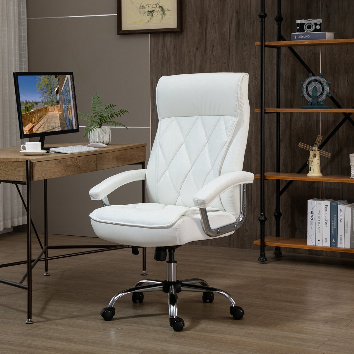 COVREO Bureaustoel 66x69x121 cm wit, kunstleer met hoofdsteun en wielen