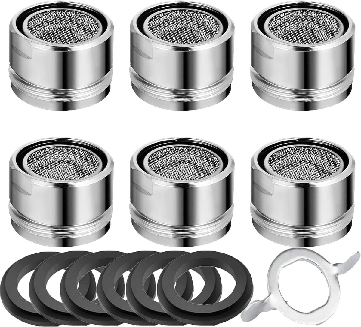 SnelShoppen - 6 Stuks Aerator M24 met 1 Chroom Sleutel, Kraan Strainer Ventilatiefilter, Kraanaccessoires van RVS en ABS voor Waterkraan