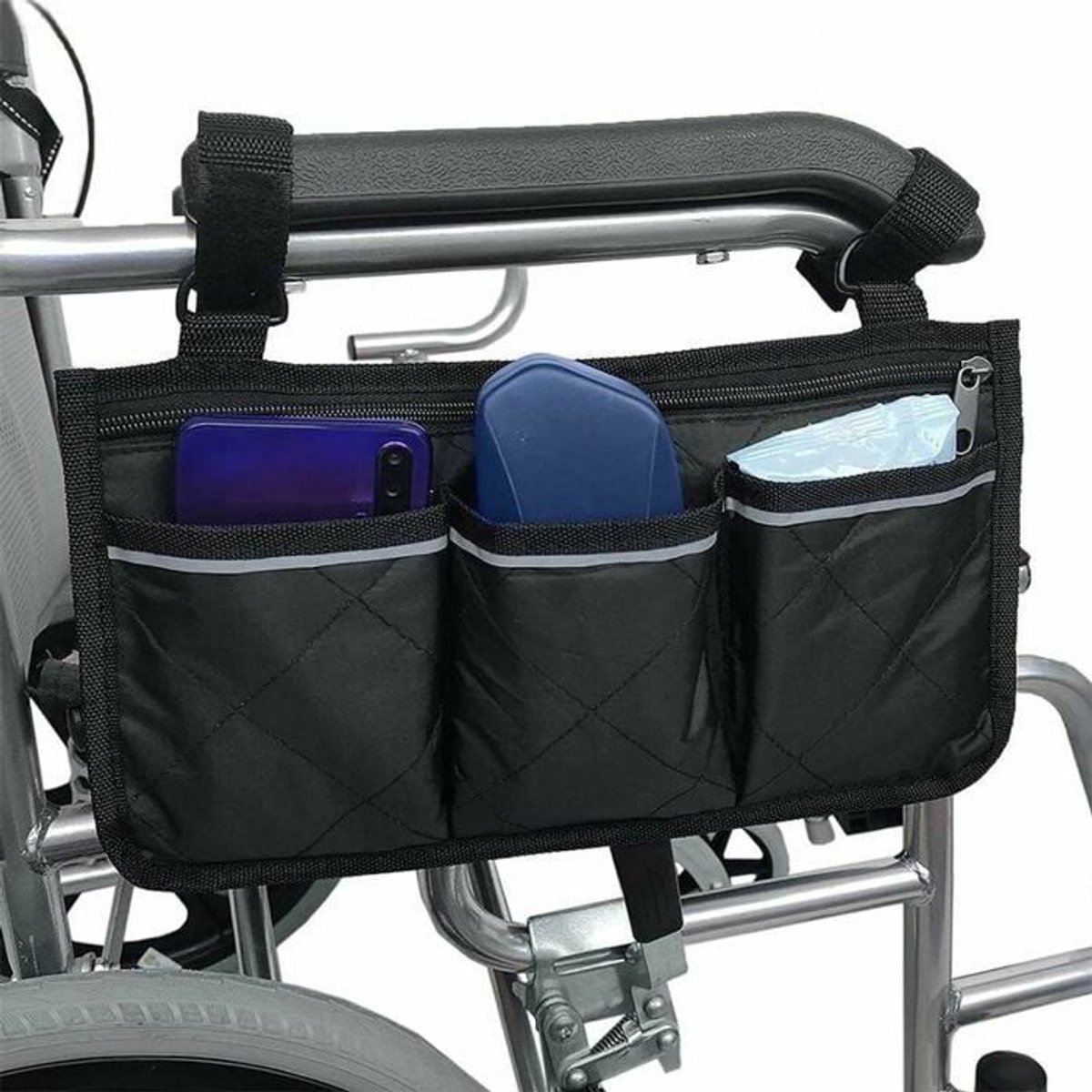 LISM-Waterdichte Oxford armleuningtas voor rolstoel met 4 reflecterende vakken - zwart