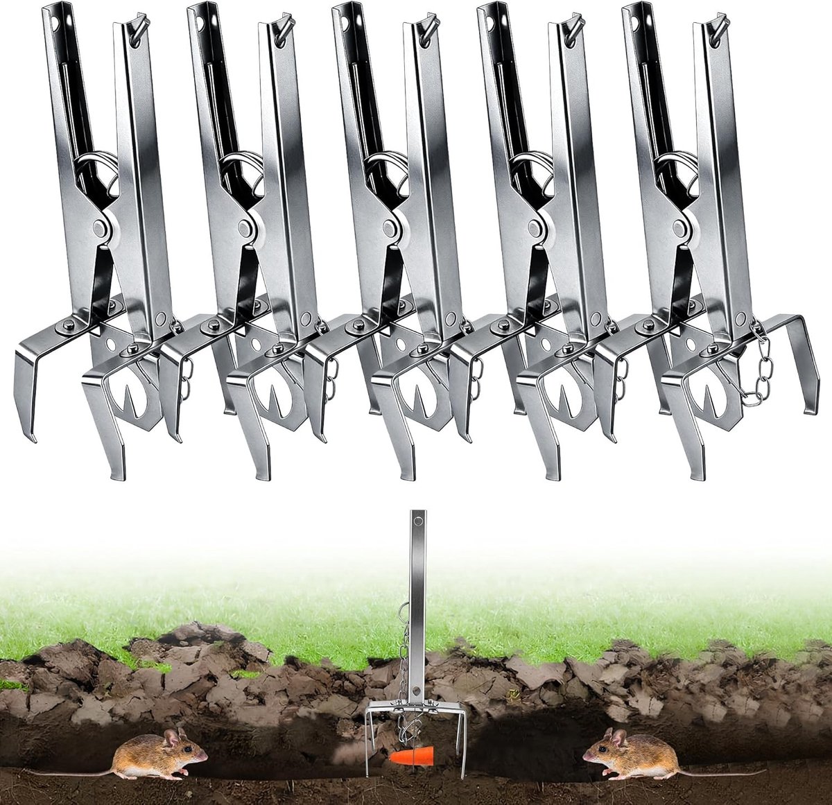 5-delige Vole Trap met Ketting - Herbruikbare en Effectieve Vangst voor Tuin en Gazon - Dubbelzijdige Vangst met Clips - Ideaal voor Veldmuizen en Ongediertebestrijding