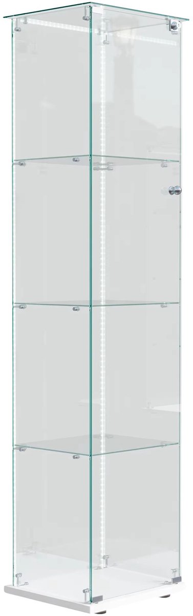 Glazen Vitrinekast 163x40x35cm Wit – Afsluitbare Displaykast met 1 Deur, LED Verlichting, Slot en 4 Planken