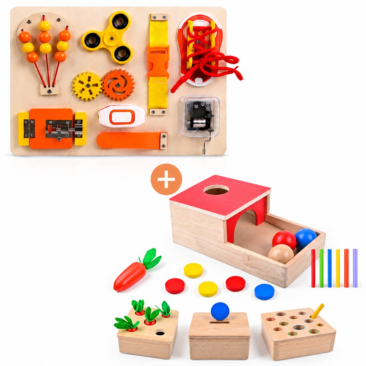 Montessori Speelgoed Set – Busy Board & 4-in-1 Vormenstoof – Educatief Houten Speelgoed – Sensorisch Speelgoed – Reisspeelgoed – Speelgoed 1 jaar – Speelgoed 2 Jaar – Speelgoed 3 Jaar