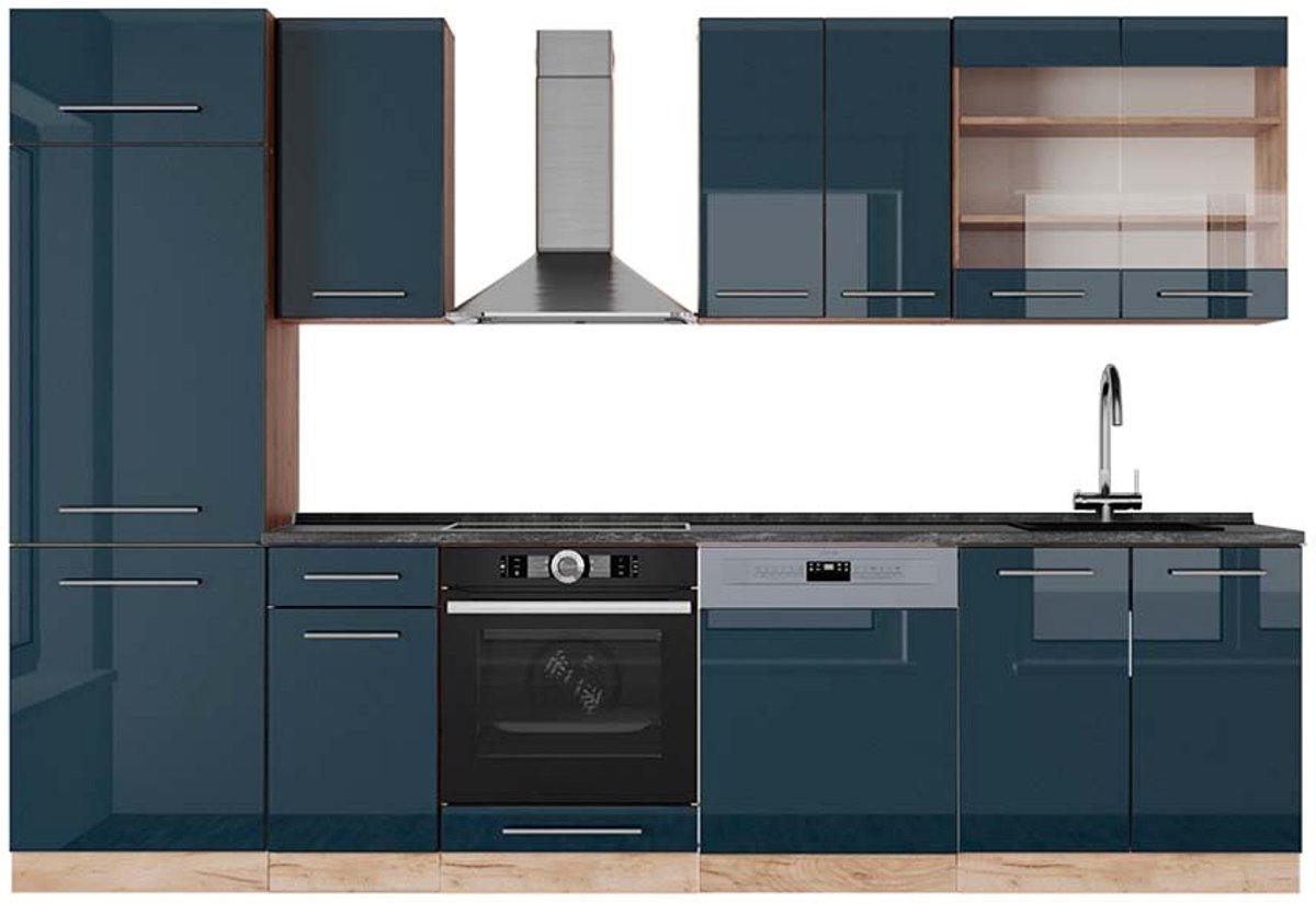 Vicco Fame-Line Complete keukeneenheid – 300 cm, WB Antraciet Donkerblauw hoogglans/gouden eik