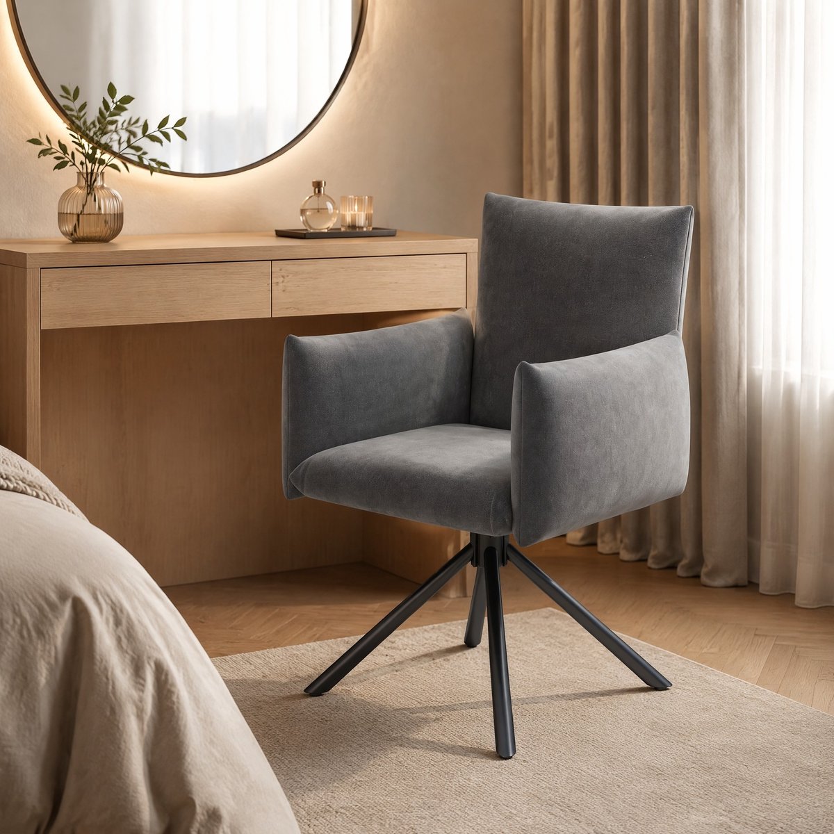 COVREO Eetkamerstoel 60x60x88 cm grijs, velvet met armleuningen