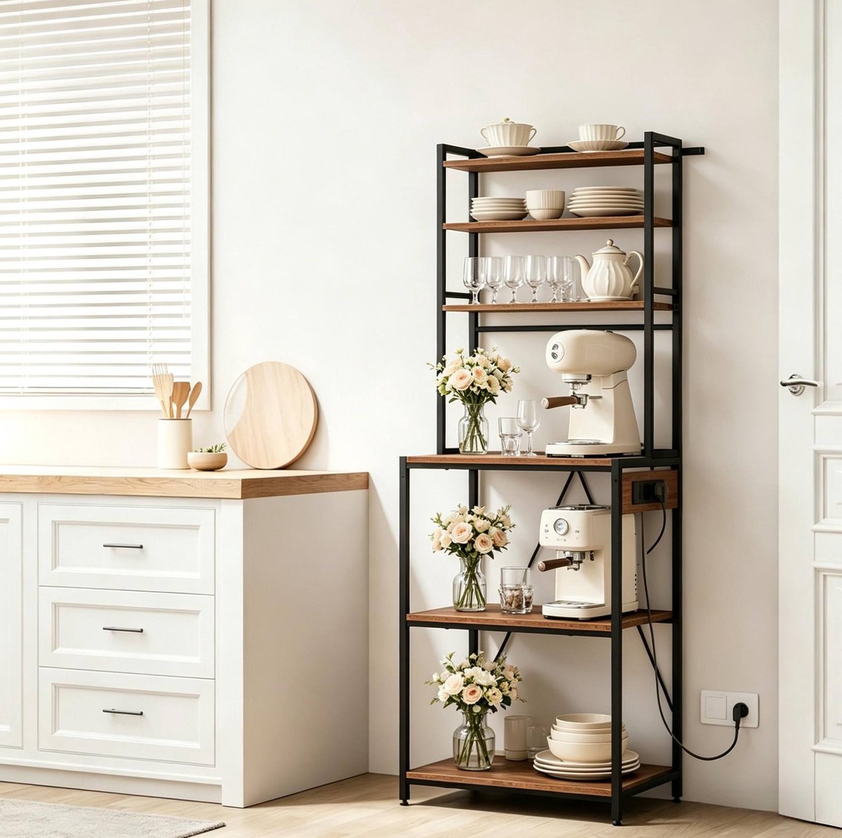 REDOM - Keukenrek met stopcontacten - 6 open planken en 6 S-haken - Met 3 stopcontacten en 1,5 m kabel - Keukenstation - Metaal en spaanplaat - Zwart en Bruin - 60 x 40 x 167 cm