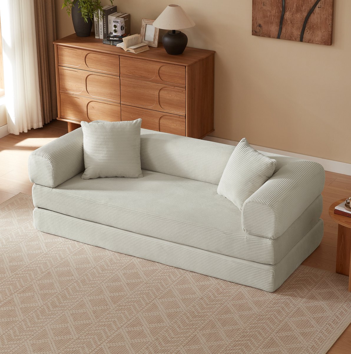MODENUIT Slaapbank 195 cm - Uitklapbaar Tot Slaapbed - Voor Woonkamer En Slaapkamer - Velvet Beige