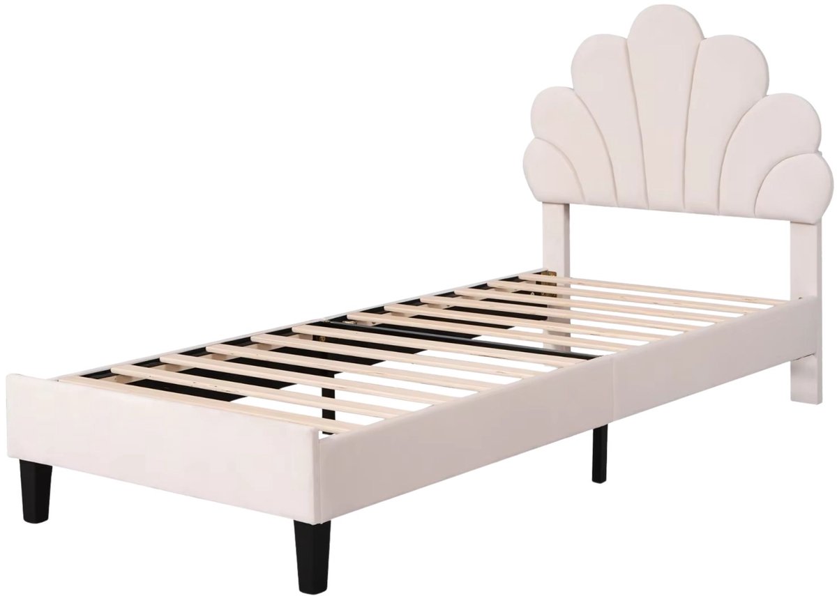 Gestoffeerd Eenpersoonsbed 90x200 cm Beige – Bedframe met Lattenbodem