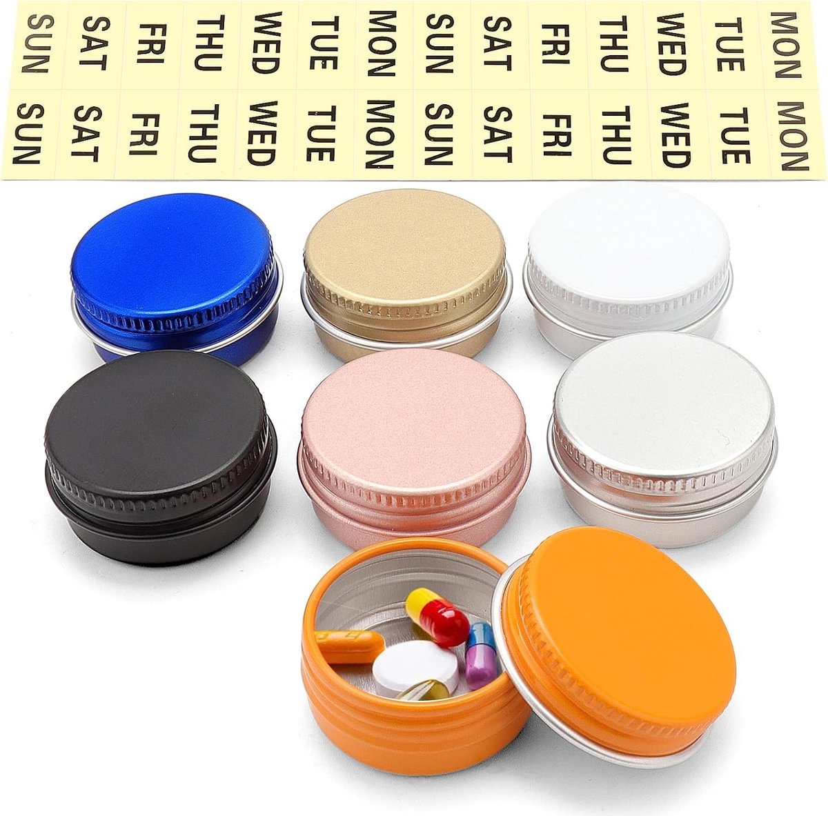 7-delige Aluminium Pillendoos Set met Weekstickers - Draagbare Reisdoos, Mini Zakformaat en Handige Opbergoplossing voor Medicijnen