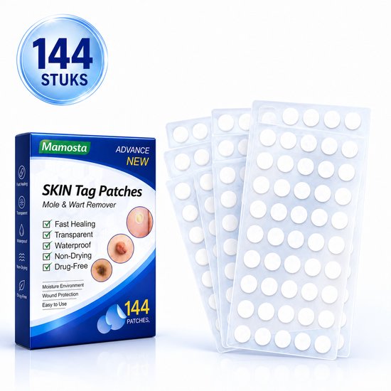 Mamosta huidpleisters, 144 stuks, voor snelle genezing, transparant, waterdicht, niet-drogend, medicijnvrij. Verpakking met 144 pleisters.