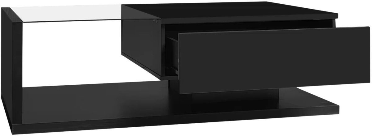 Happiq Salontafel Bijzettafel 105 x 55 x 32, 5 Cm - Moderne Glazen Tafel met LED - Effect, Lades en Opbergruimte - Zwarte Afwerking