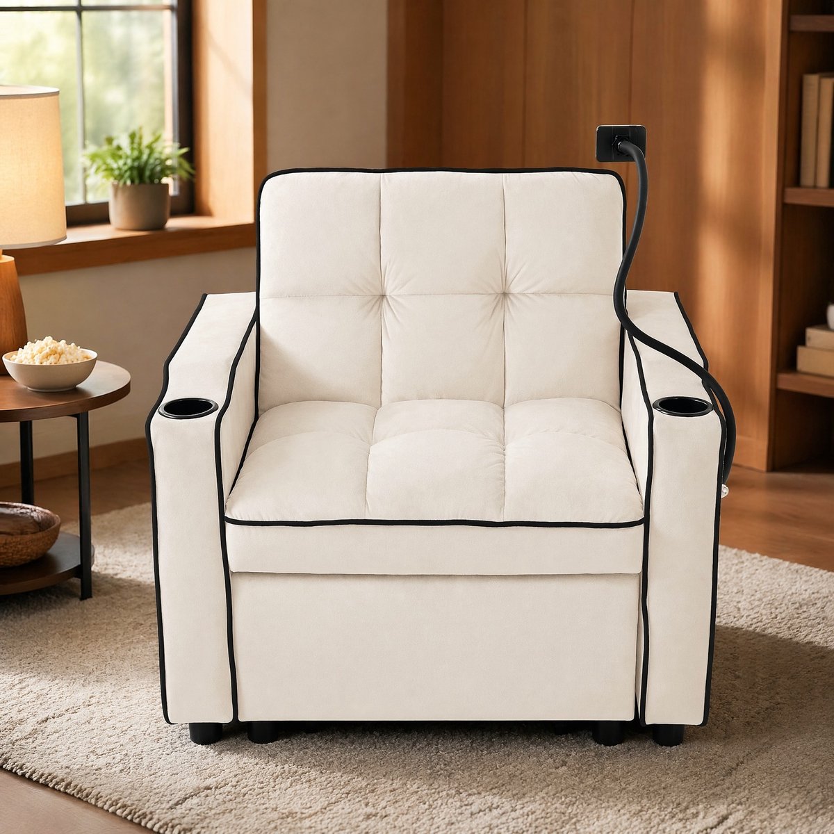 COVREO Fauteuil 83 x 167 x 76 cm beige, velvet, 3-in-1 met bekerhouders
