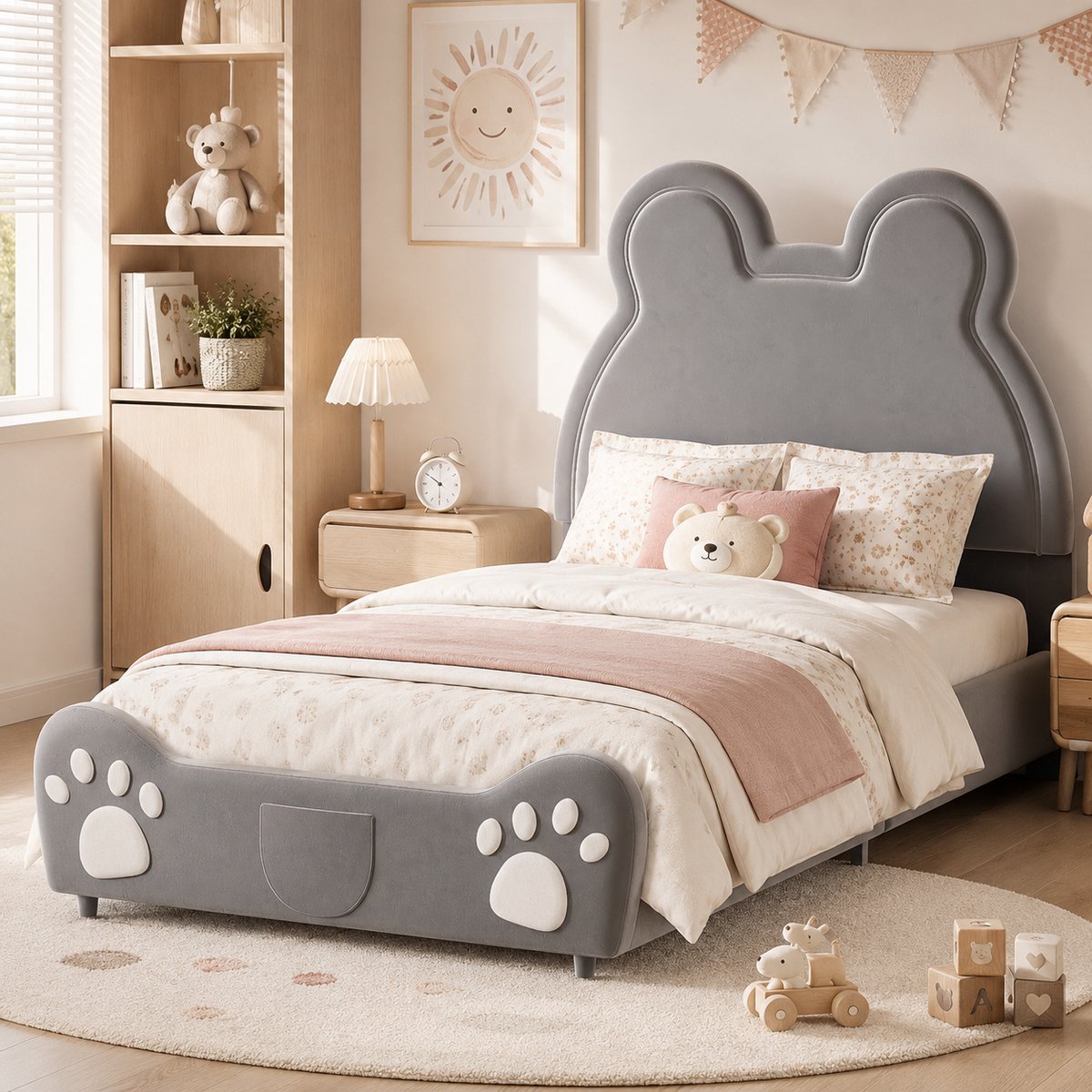 Kinderbed 90x200 cm - Eenpersoonsbed 90x200 cm - Vloerbed - Hoofdbord met berenmotief - Zacht en comfortabel - Fluweelstof - Eenvoudig te monteren - voor Jongens en Meisjes - Grijs