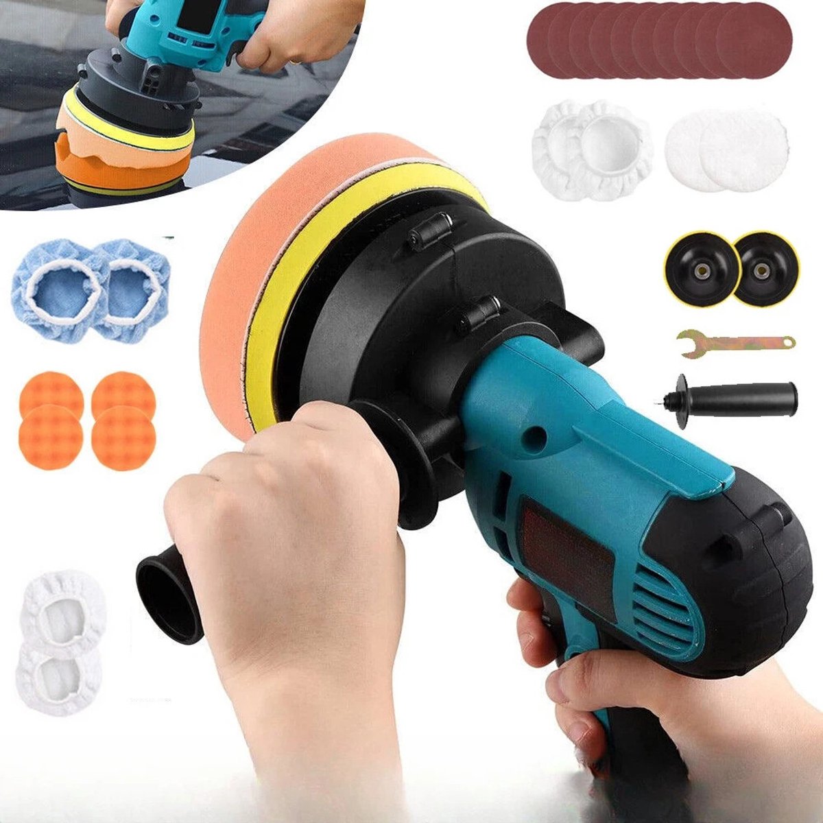 Polijstmachine 700W - 6 Snelheden met Geheugenfunctie - Toetsvergrendeling voor Langdurig Gebruik - Ergonomisch Ontwerp met Extra Handgreep - Complete Set met 22 Accessoires - Voor Auto Polijsten, Schuren & Roestverwijderen