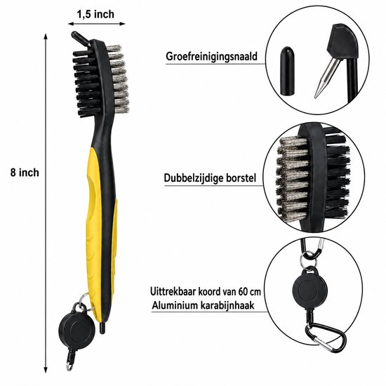 Golfclub borstel en groeven reiniger - 3 in 1 Multi Club Cleaner met uittrekkoord - kleur GEEL van Phantom Athletics — afbeelding 2