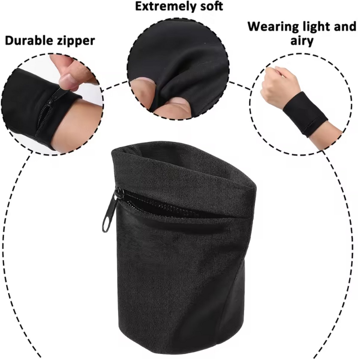 New Age Devi - 1 Stuk Multifunctionele Polsbandje Portemonnee - Voor Sport, Fitness & Buitensport - Met Rits - Unisex Polyester Design - Polsbandje met Portemonnee - Zwart