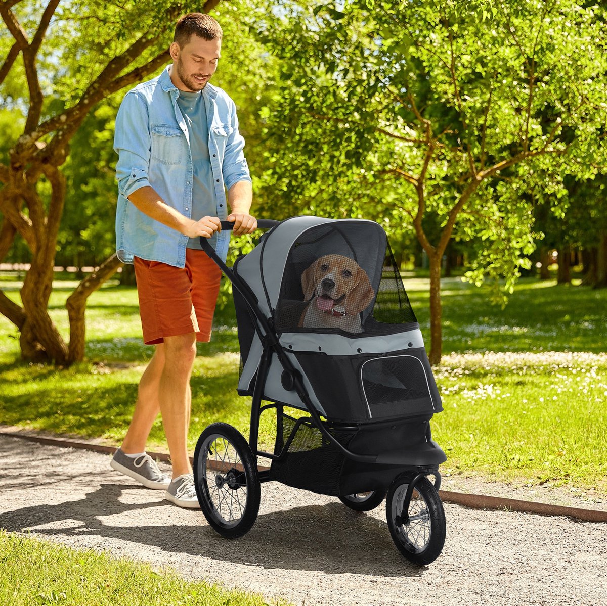 COVREO Hondenbuggy 111 x 58 x 107 cm grijs, polyester opvouwbaar met opbergmand