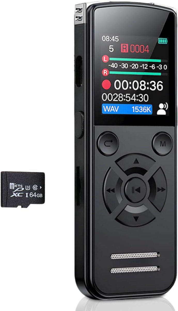 Dictafoon – spraakrecorder 64 GB – mini-digitale audio-opnameapparaat 1536 kbps met TFT-scherm – USB-C-oplaadbare spraakrecorder – voor vergaderingen, lessen en interviews.