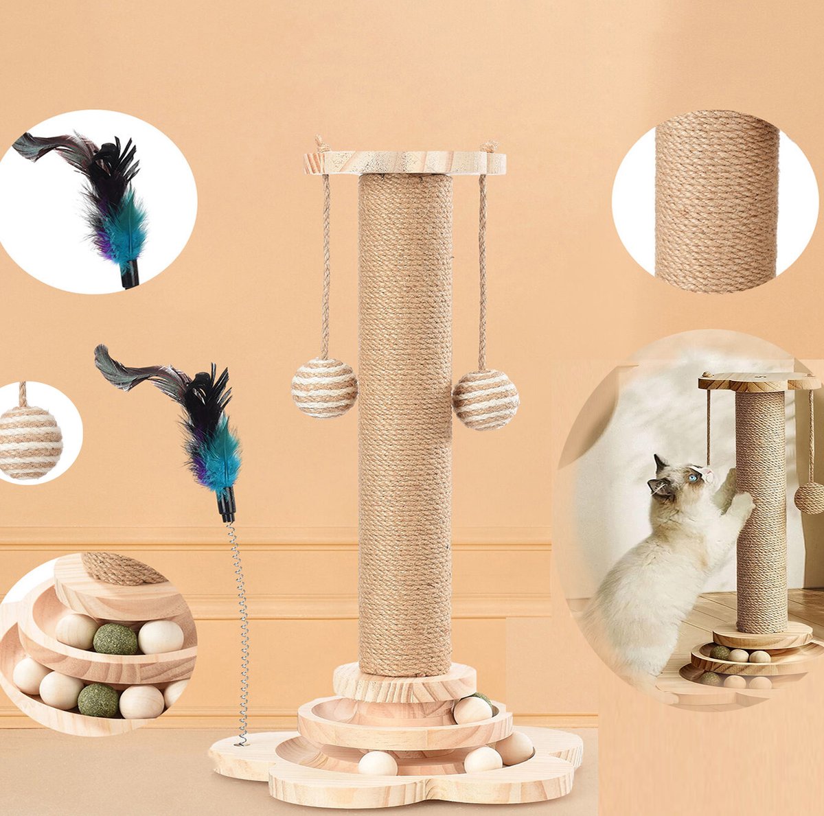 Krabpaal voor katten, Houten kattenspeeltjes, Krabpaal voor kleinere binnenkatten, Natuurlijke sisal