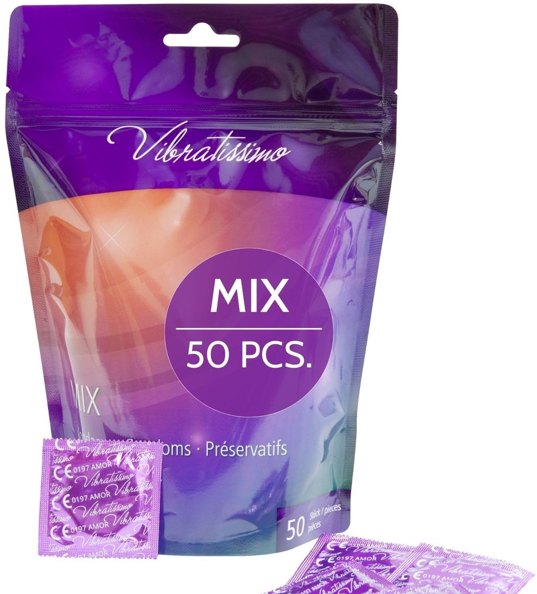 VIBRATISSIMO Condooms Mix 50-pack gemengd | gevoelsecht & extra vochtig | Beutel dunne wanddikte & Aromatisiert | flinterdun genopt & geribbeld