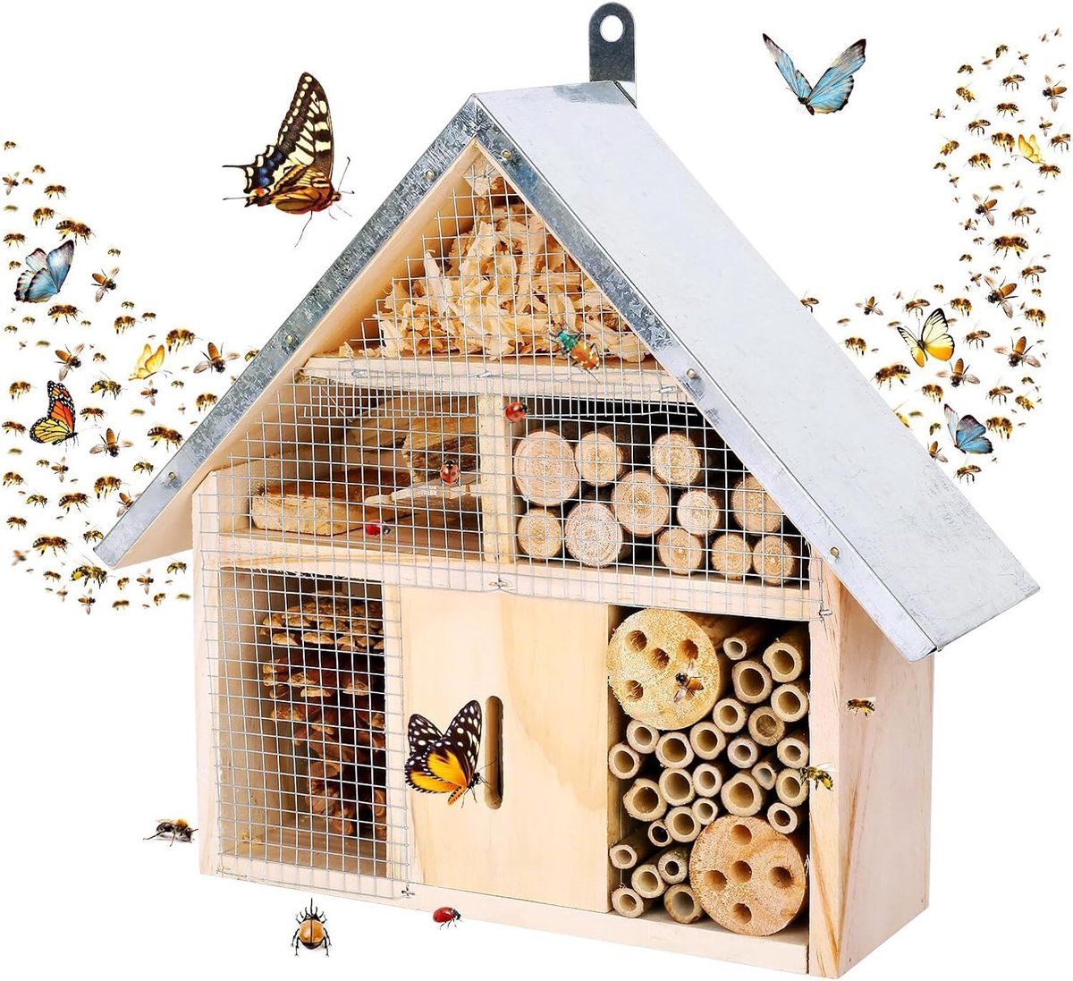 Houten Insectenhotel Om Op Te Hangen - Natuurlijke Leefomgeving voor Nuttige Insecten - voor Tuinen, Terrassen en Rondom Het Huis