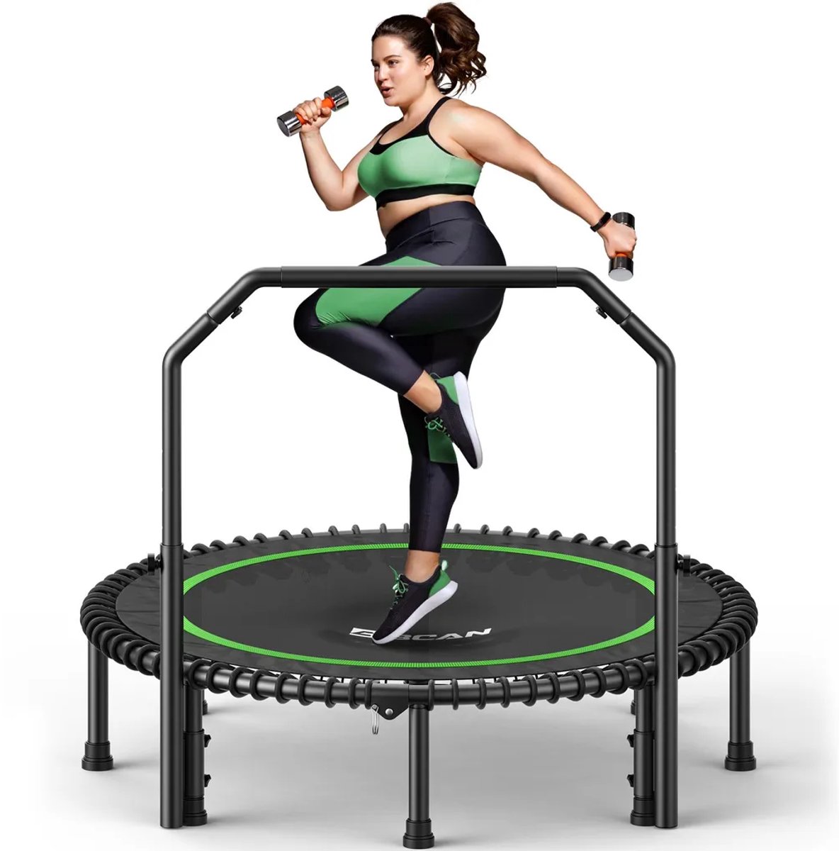 BCAN Rebounder-Trampoline voor Volwassenen | 102/122 cm 204/250 kg | Verstelbare Handgreep met Bungee-Touwen, Binnen- en Buitengebruik