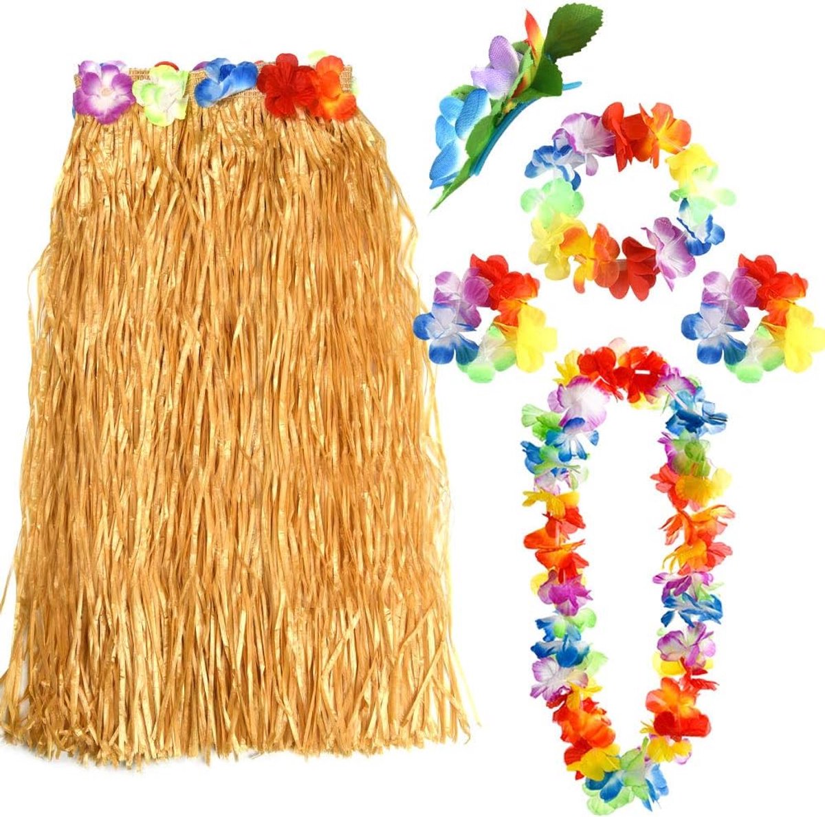 Hawaï-gras-hoelahoek-sets bevatten bloemenstijl, halsketting, hoofdband, armbanden, Luau-rokken voor kinderen, Hawaii-kostuum, tropisch Luau-verjaardagsfeestaccessoire
