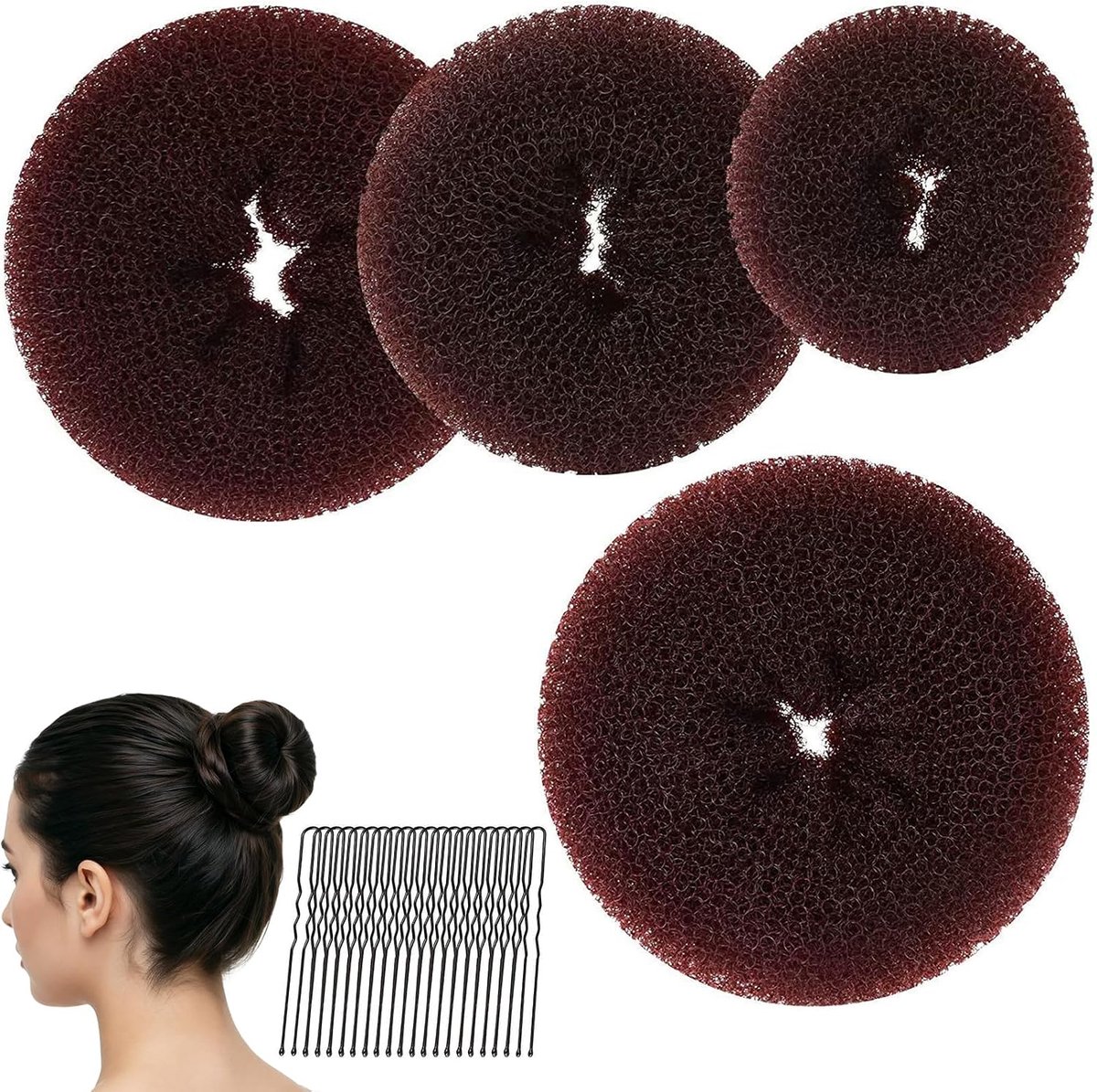 4 stuks donut-haardonut met 20 U-vormige haarspelden, accessoires in ringvorm, voor dansers, meisjes en vrouwen (bruin)
