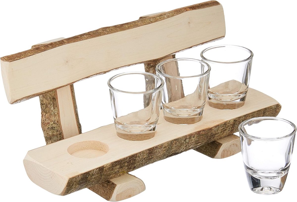 bank met borrelglazen, borrelglazen, borrelbank, cadeau, natuurproduct, 100% biologisch