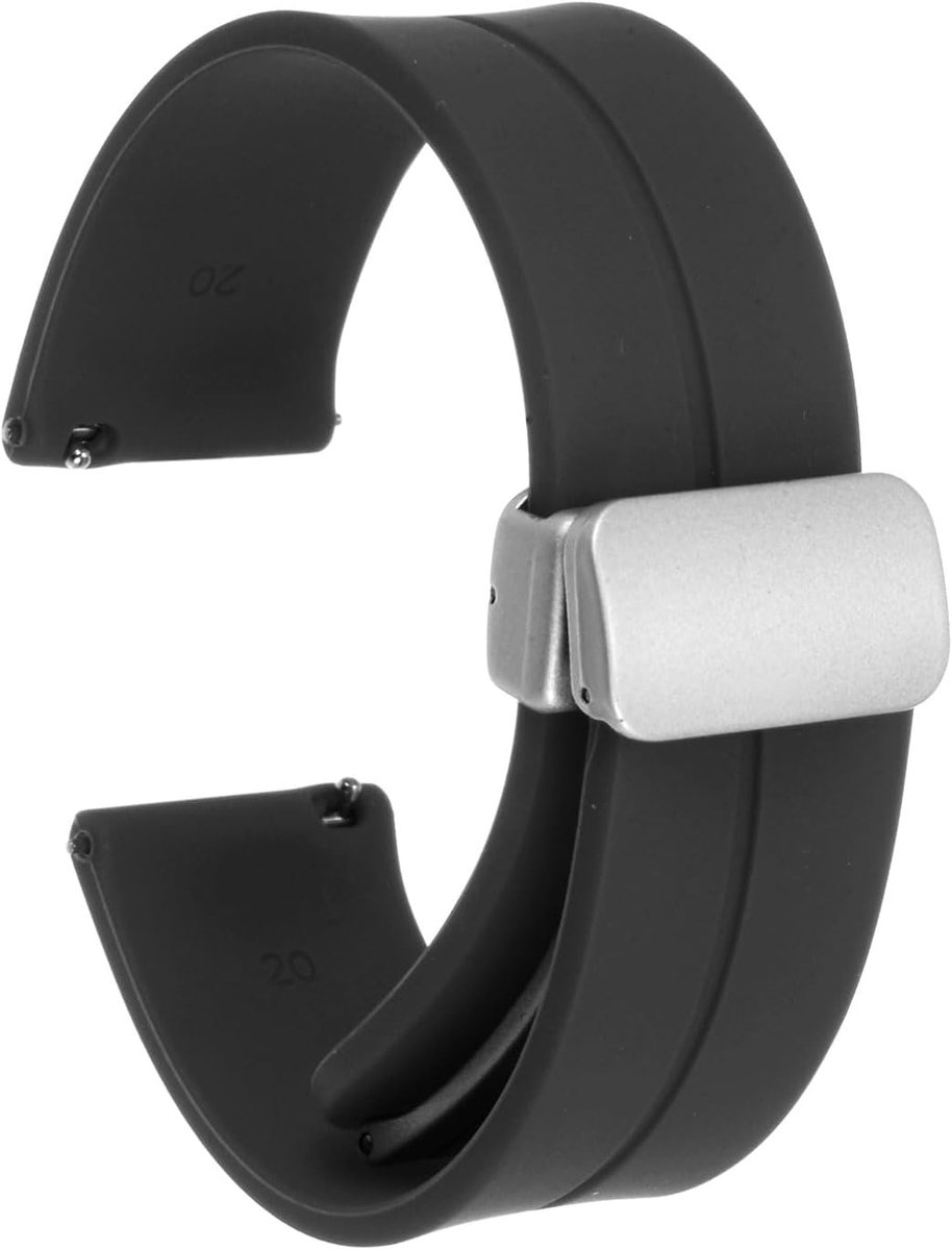 Magnetische siliconen horlogeband, snelwissel, zacht elastiek, waterdicht, reservearmband met zilveren metalen vouwsluiting, voor mannen en vrouwen, 20mm
