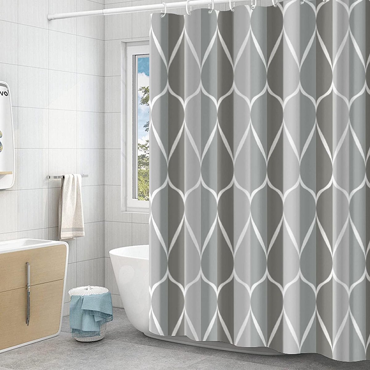 240 x 200 cm extra breed gewichtsdouchegordijn, waterdicht schimmelwerend textiel 130GSM polyester stof, wasbaar in de wasmachine met 12 ringen en grijs met veelkleurig golfpatroon