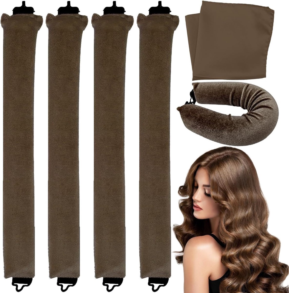 4PCS Heatless Curlers, Haarrollers Heatless Curlers Hoofdband Haarkrullers met Vierkante Hoofddoek Geen Hitte Overnachting Krullen voor Lang Haar (Bruin)